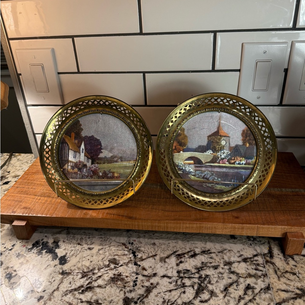 Vintage Decorative Brass European landscape Plates